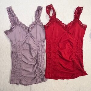 M. Rena Lace Trim Tank Tops Lot of 2 One Size Ruched Stretch Made USA